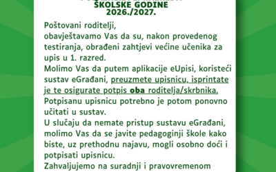 Obavijest roditeljima polaznika 1. razreda školske godine 2026./2027.
